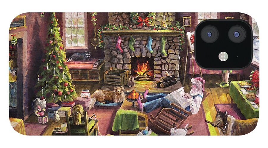 Cabin iPhone 12 Case featuring the painting The Micey Christmas Heisty by Nancy Griswold