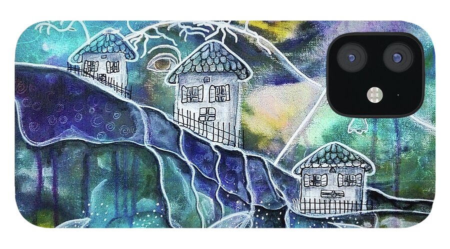 House iPhone 12 Case featuring the mixed media Three Houses on a Cliff by Mimulux Patricia No