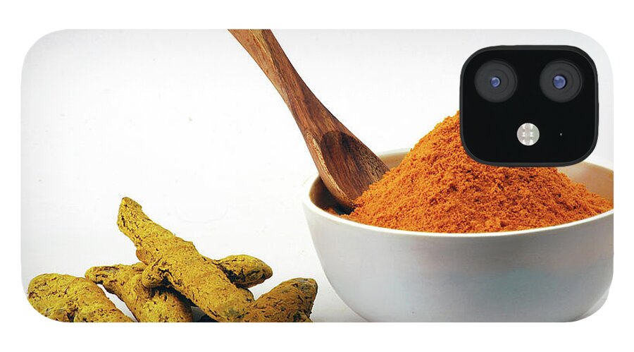 White Background iPhone 12 Case featuring the photograph Turmeric Powder In Bowl And Raw Turmeric by Subir Basak