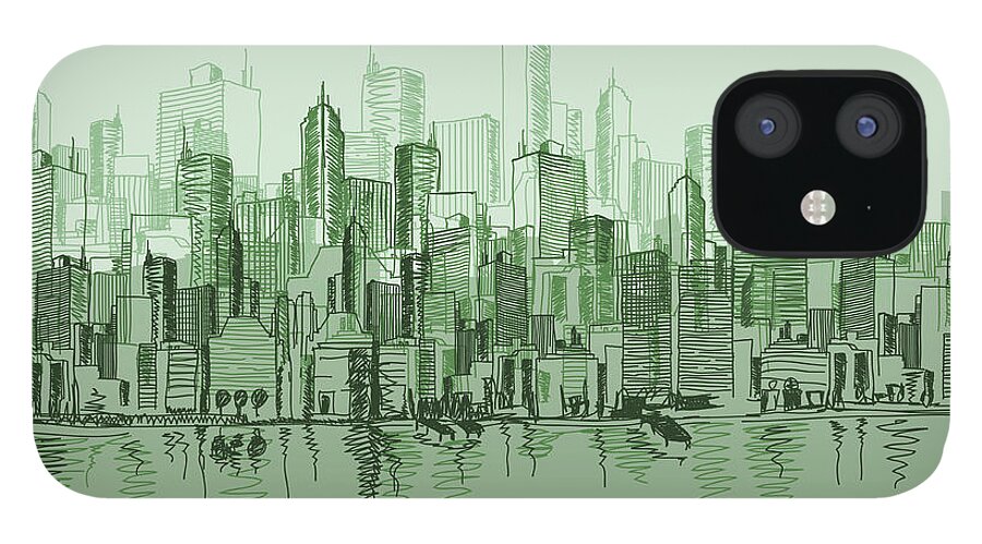 Dawn iPhone 12 Case featuring the digital art Vector Sketch Of The A Cityscape In by Blindspot