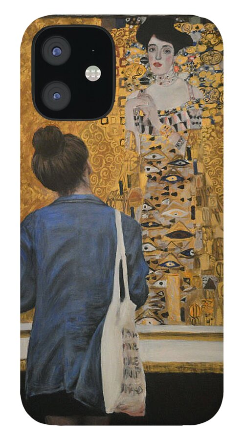 Watching Klimt Woman In Gold Portrait Of Adele Bloch-bauer I iPhone 12 Case featuring the painting Watching Klimt Woman in Gold Portrait of Adele Bloch-Bauer I by Escha Van den bogerd