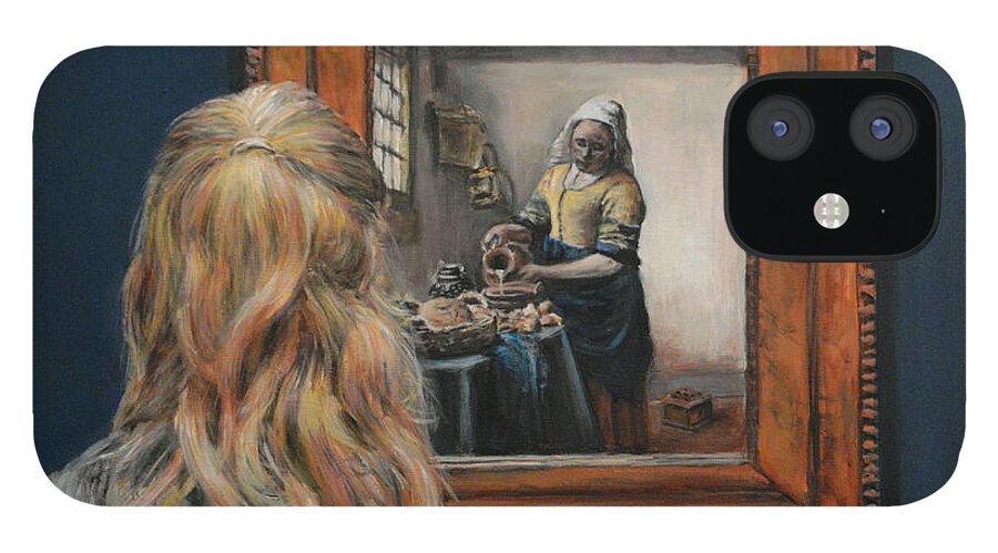 Watching Vermeer Milkmaid iPhone 12 Case featuring the painting Watching Vermeer Milkmaid by Escha Van den bogerd