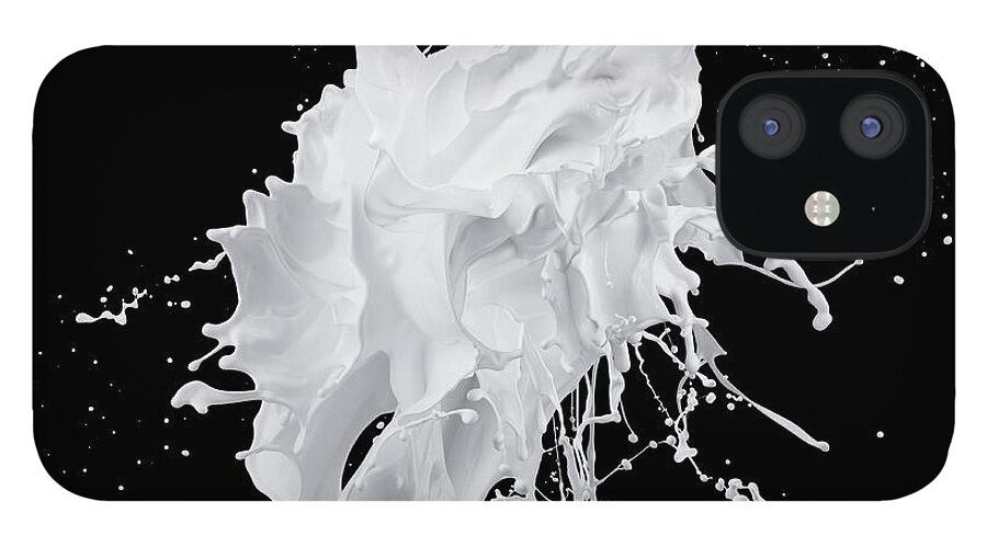 Black Background iPhone 12 Case featuring the photograph White Paint Splash On Black Background by Biwa Studio