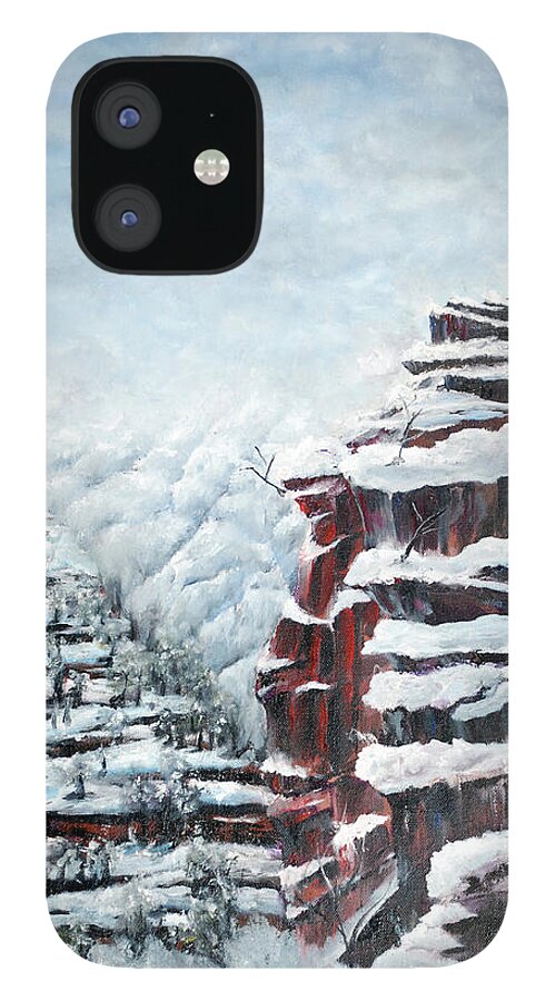 Winter Mood Alluring Beautiful Pleasing Snow Rock Clouds Sky Svaneti Ushguli Mountains iPhone 12 Case featuring the painting Winter Mood by Medea Ioseliani