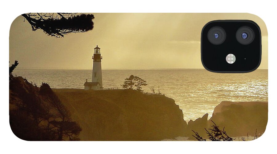 Yaquina Head Light House iPhone 12 Case featuring the photograph Yaquina Head Sunset by Gary Olsen-Hasek