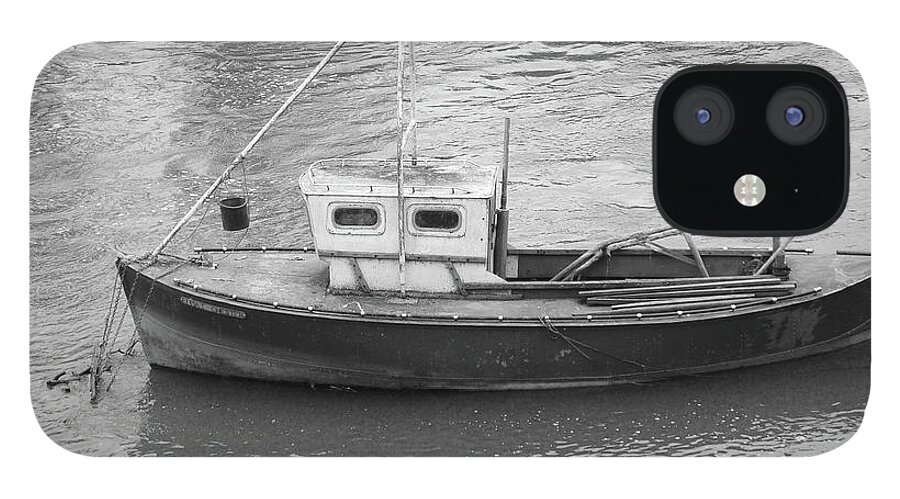 Boat iPhone 12 Case featuring the photograph York Tugboat in greyscale by Pics By Tony