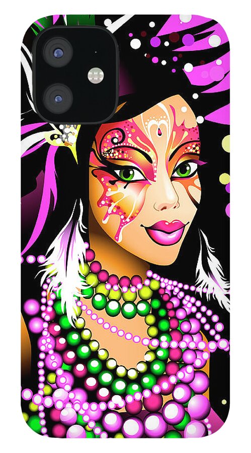 Celebration iPhone 12 Case featuring the digital art Young Woman Wearing Mardi Gras Beads by New Vision Technologies Inc