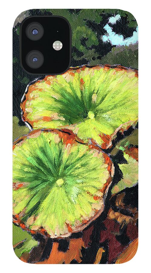 Lotus Leaves iPhone 12 Case featuring the painting Autumn Lotus Leaves by John Lautermilch