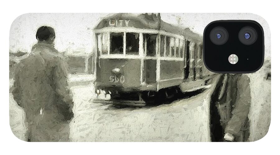 1950s iPhone 12 Case featuring the mixed media 1950s Melbourne Tram 64 East Brighton to Melbourne University by Joan Stratton
