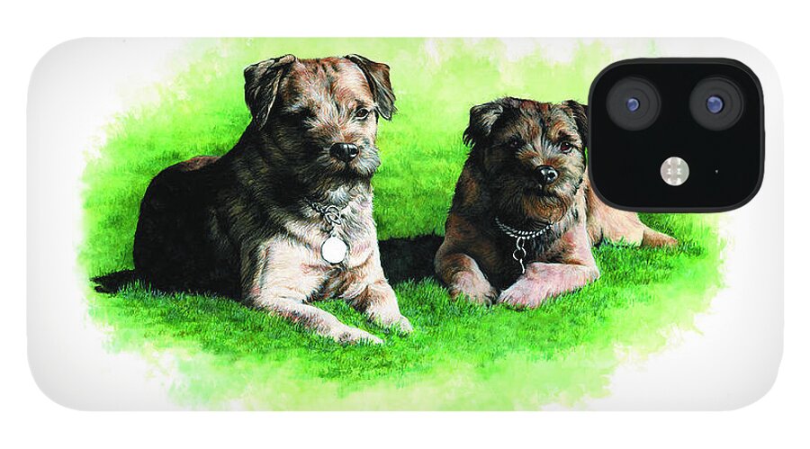 Commissioned Watercolour Art By Patrice iPhone 12 Case featuring the painting Two Loved Border Terriers by Patrice Clarkson