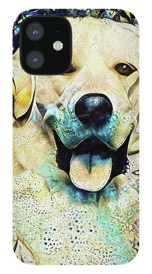 Yellow Lab Great Pyrenees iPhone 12 Case featuring the mixed media A Big Happy Dog by Peggy Collins