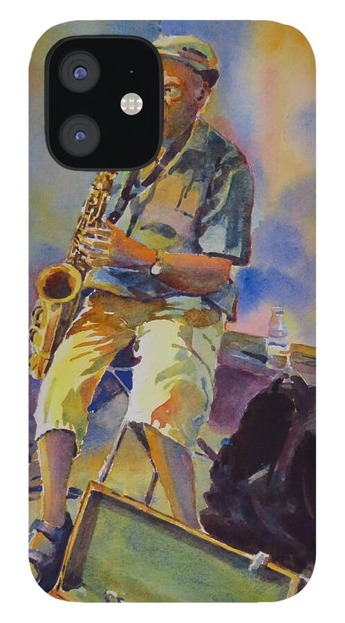 Jazz Player iPhone 12 Case featuring the painting A Cool Sax by David Gilmore