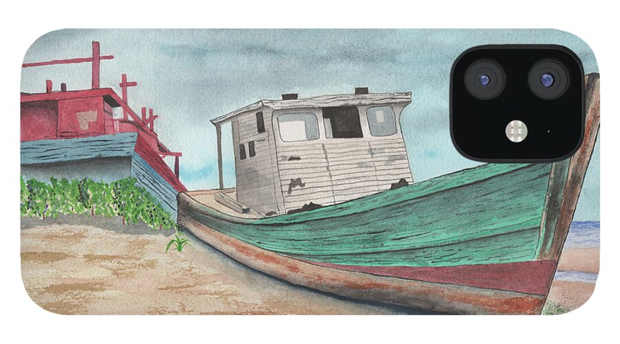 Boat Ashore iPhone 12 Case featuring the painting After the Storm by Bob Labno