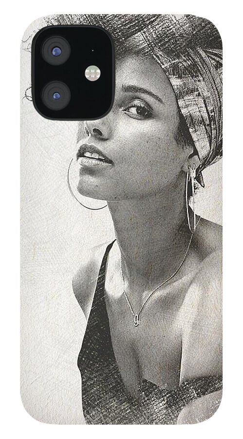 Alicia Keys iPhone 12 Case featuring the drawing Alicia Keys Sketch by Teresa Trotter