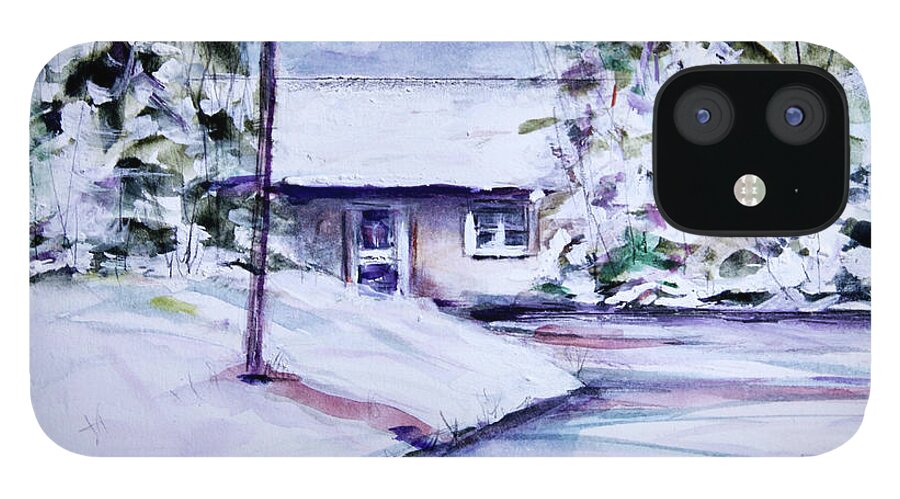 Winter Snow Landscape With Building iPhone 12 Case featuring the pastel Art School Road.raw by Joyce Guariglia