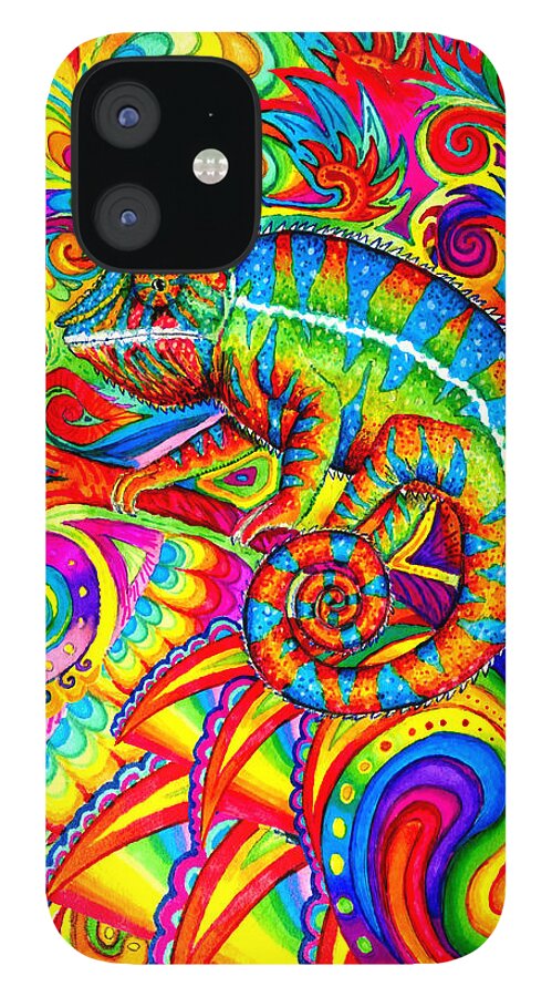 Chameleon iPhone 12 Case featuring the drawing Psychedelizard - Psychedelic Rainbow Chameleon by Rebecca Wang