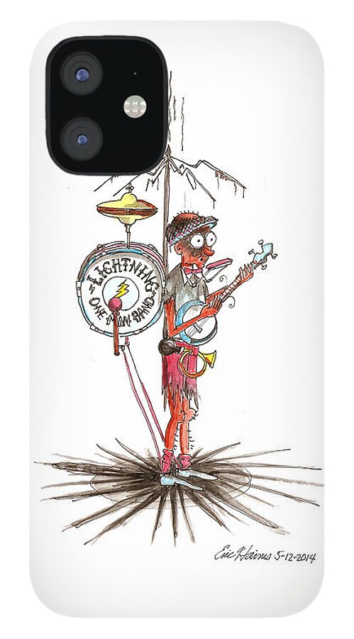 One Man Band iPhone 12 Case featuring the drawing Lightning One Man Band by Eric Haines