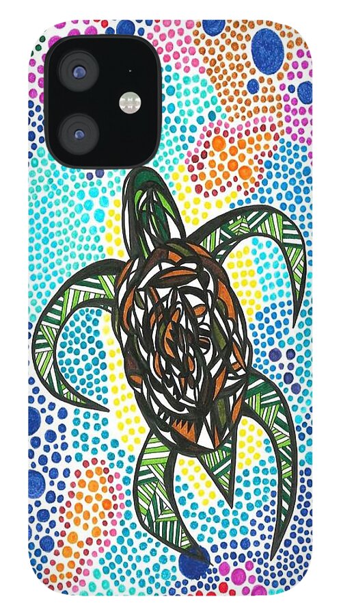Sea Turtle iPhone 12 Case featuring the drawing Funky Turtle by Peter Johnstone
