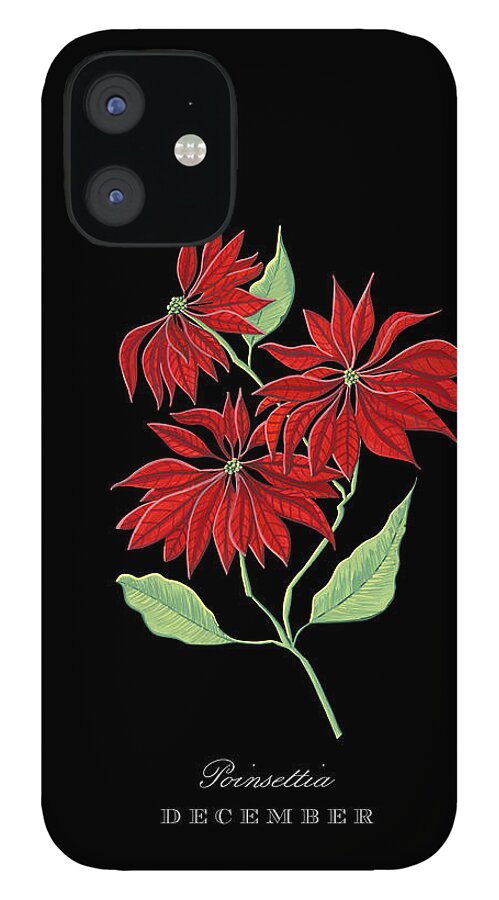 Poinsettia iPhone 12 Case featuring the painting Poinsettia December Birth Month Flower Botanical Print on Black - Art by Jen Montgomery by Jen Montgomery