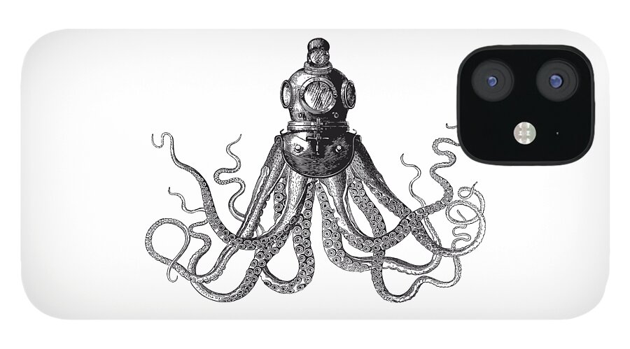 Octopus iPhone 12 Case featuring the digital art Octopus in Diving Helmet by Eclectic at Heart