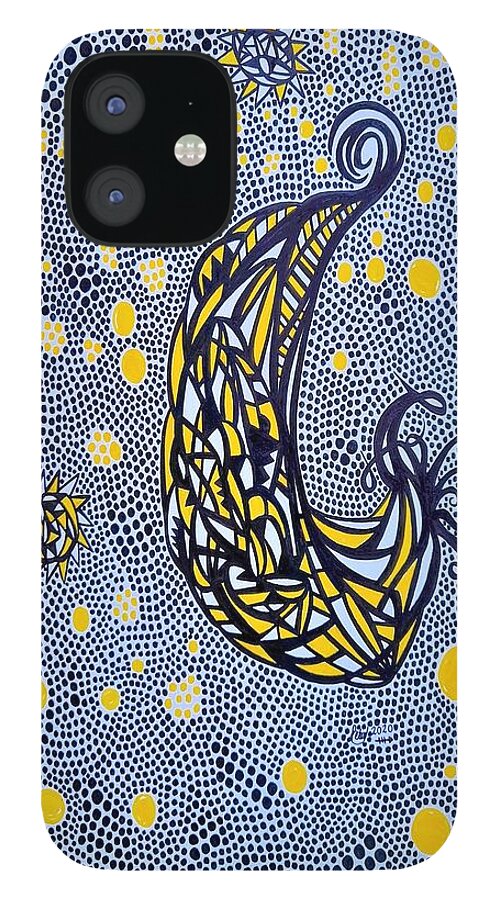 Moon iPhone 12 Case featuring the drawing Funky Stars And Moon by Peter Johnstone