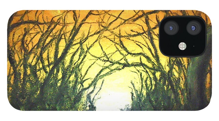 Yellow Sunset iPhone 12 Case featuring the painting Autumn's Plight by Jen Shearer