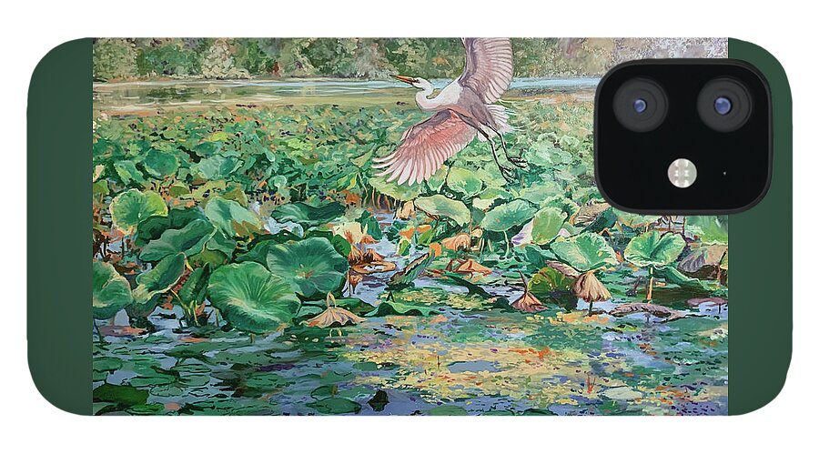 Egret iPhone 12 Case featuring the painting Back Water Pond by Marc DeBauch