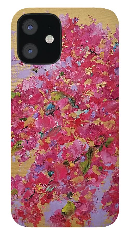 Bougainvillea iPhone 12 Case featuring the painting Bougainvillea on Gold by Judith Rhue