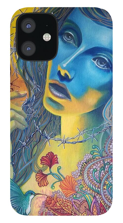 Blue Covid Butterfly Bird Woman Oils Canvas iPhone 12 Case featuring the painting Breathe 2020 by Caroline Philp