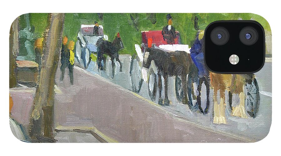 Horse iPhone 12 Case featuring the painting Carriages, Central Park, New York City by Paul Strahm