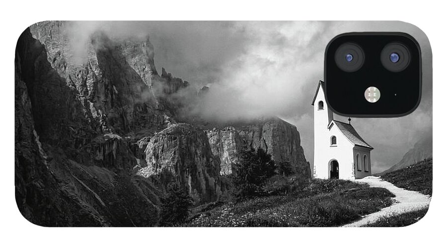 Chapel iPhone 12 Case featuring the photograph Chapel on the Passo Gardena, Dolomitres, Italy by Sarah Howard