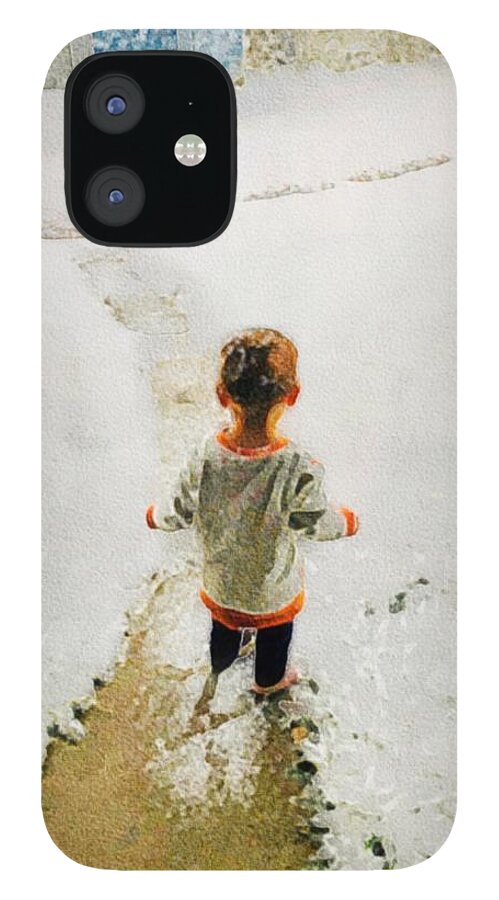 Child Playing In The Snow iPhone 12 Case featuring the digital art Charlee's first snowfall by Steve Glines