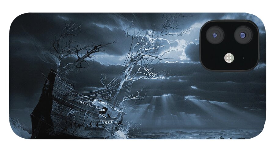 Ghost Ships Phantom Boat Supernatural Isolation iPhone 12 Case featuring the digital art Chasing the light Ghost ship series by George Grie