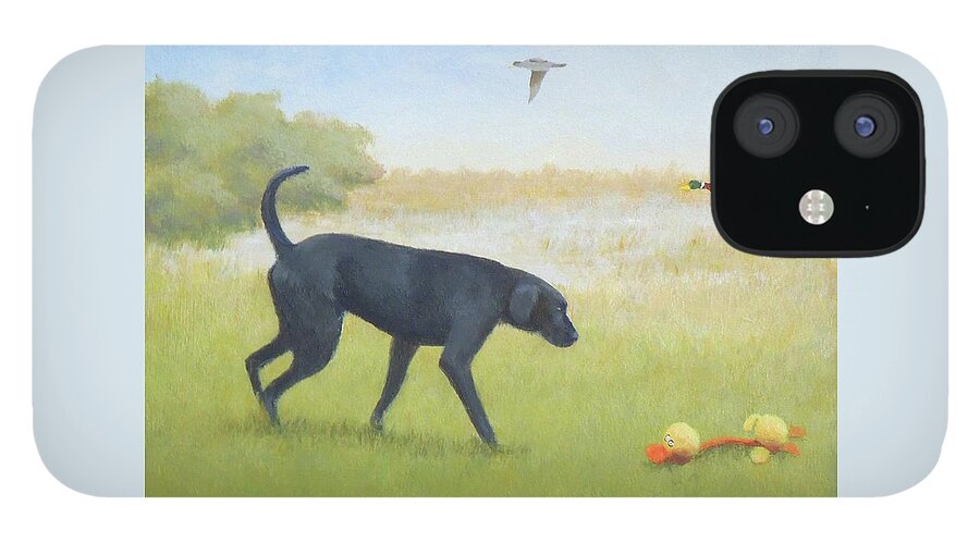 Black Lab iPhone 12 Case featuring the painting City Dog by Phyllis Andrews