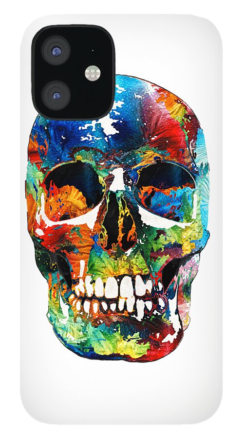 Skull iPhone 12 Case featuring the painting Colorful Skull Art - Aye Candy - By Sharon Cummings by Sharon Cummings