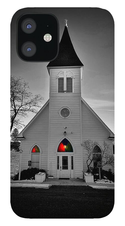 Selective Color iPhone 12 Case featuring the photograph Country Church by Jerry Abbott