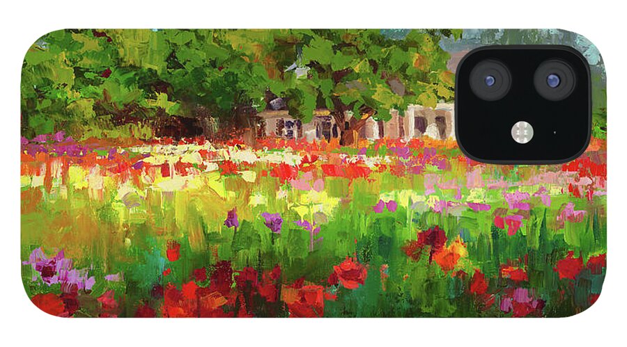 Modern Impressionism iPhone 12 Case featuring the painting Dahlia Evening - landscape oil painting of Swan Island Dahlia farm in Oregon by Talya Johnson