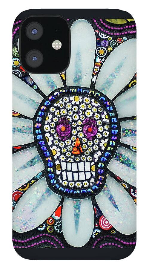 Day Of The Dead iPhone 12 Case featuring the glass art Day of the Dead Daisy by Cherie Bosela