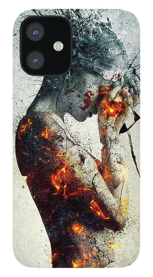 Deliberation Surreal Decision Burning Statue Sad Falling Breaking Statue Going Down Crying Fire Shattered Gothic Heartbreak Breakup Sadness Lonely Alone Burning Nightmare Fragile Cracked Exploding Head Wasted Tired Wisdom Love Heartbroken Loveless Empty Girl Thinking Destroyed Defeated Sadness Emotional Portraiture Falling Dreaming Aftermath Artistic Nude Grunge Texture Mind Clarity Young Woman Photoshop Photomanipulation Breaking Down Emotional iPhone 12 Case featuring the digital art Deliberation by Mario Sanchez Nevado