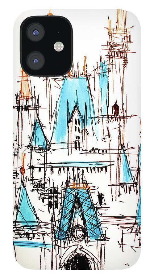 Disney iPhone 12 Case featuring the drawing Disney Cinderella Castle Sketch 1 by Jason Nicholas