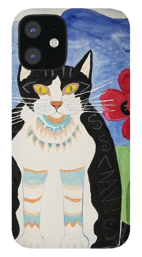 Watercolor iPhone 12 Case featuring the painting Diwali Tux Cat by Vera Smith