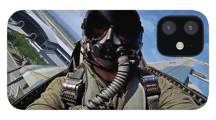 Falcon iPhone 12 Case featuring the digital art F-16N Over Tampa International by Custom Aviation Art