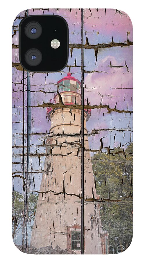 Lighthouse iPhone 12 Case featuring the photograph Faux Wood Texture Marblehead Lighthouse at Sunset Coastal Landscape Photo by PIPA Fine Art - Simply Solid