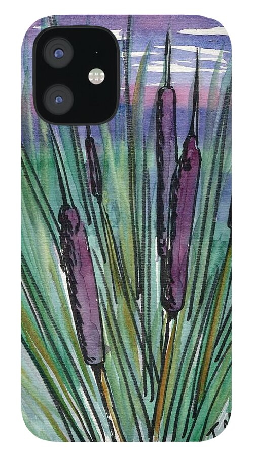 Purple Green Cattails Semi Abstract Ink Watercolor iPhone 12 Case featuring the painting First Cattails by Tammy Nara