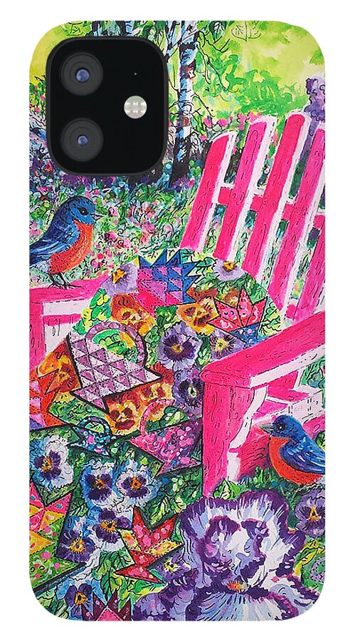 Blue Birds iPhone 12 Case featuring the painting Flower basket Quilt and Bluebirds by Diane Phalen