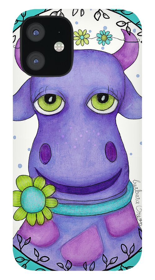 Illustration iPhone 12 Case featuring the mixed media Flowery Cow by Barbara Orenya