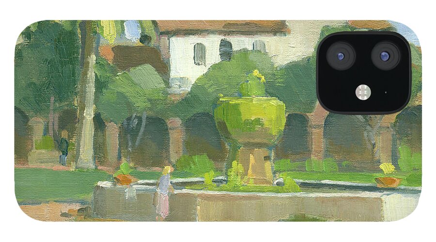Mission iPhone 12 Case featuring the painting Fountain at Mission San Juan Capistrano, California by Paul Strahm