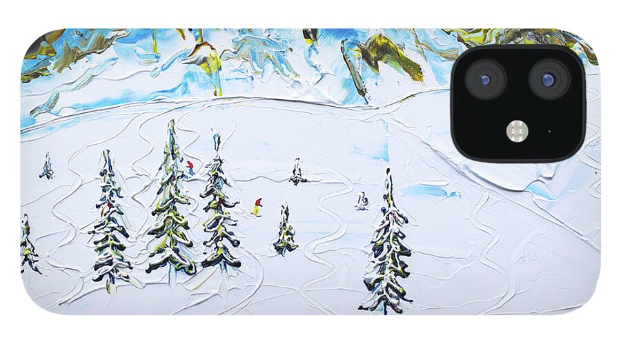 Meribel iPhone 12 Case featuring the painting Fresh Tracks Below Saulire by Pete Caswell