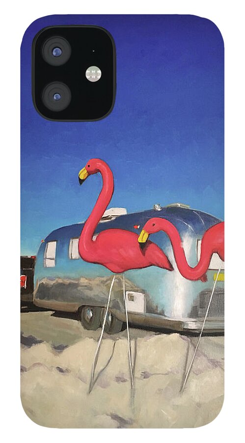 Airstream iPhone 12 Case featuring the painting Giant Flamingos at White Sands by Elizabeth Jose