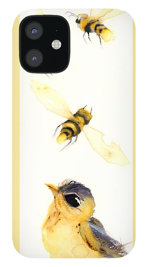 Watercolor Painting iPhone 12 Case featuring the painting Goldfinch and Bees by Dawn Derman